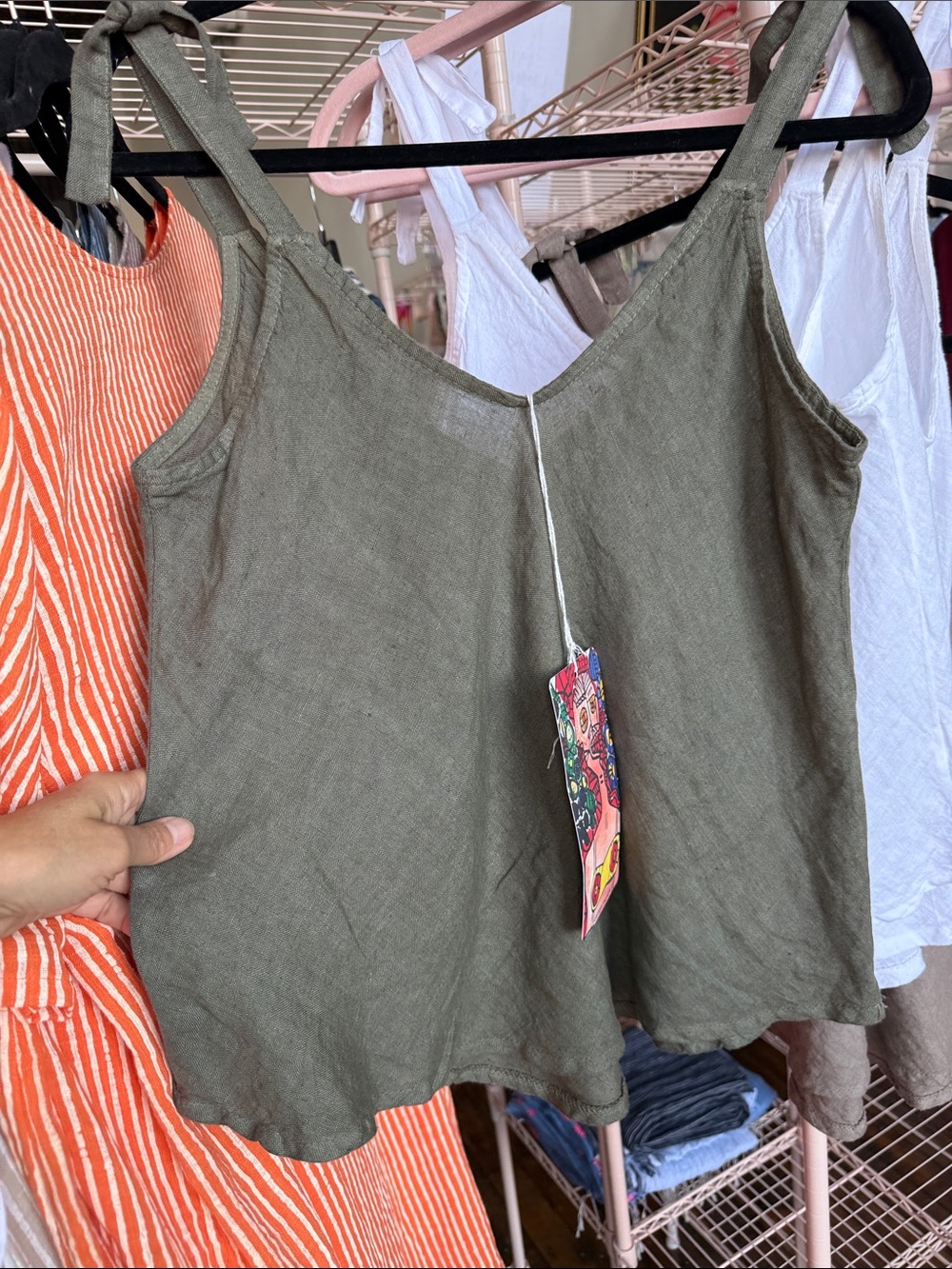 Olive Green 100% Italian Linen Tie-Shoulder Women's Tank Top